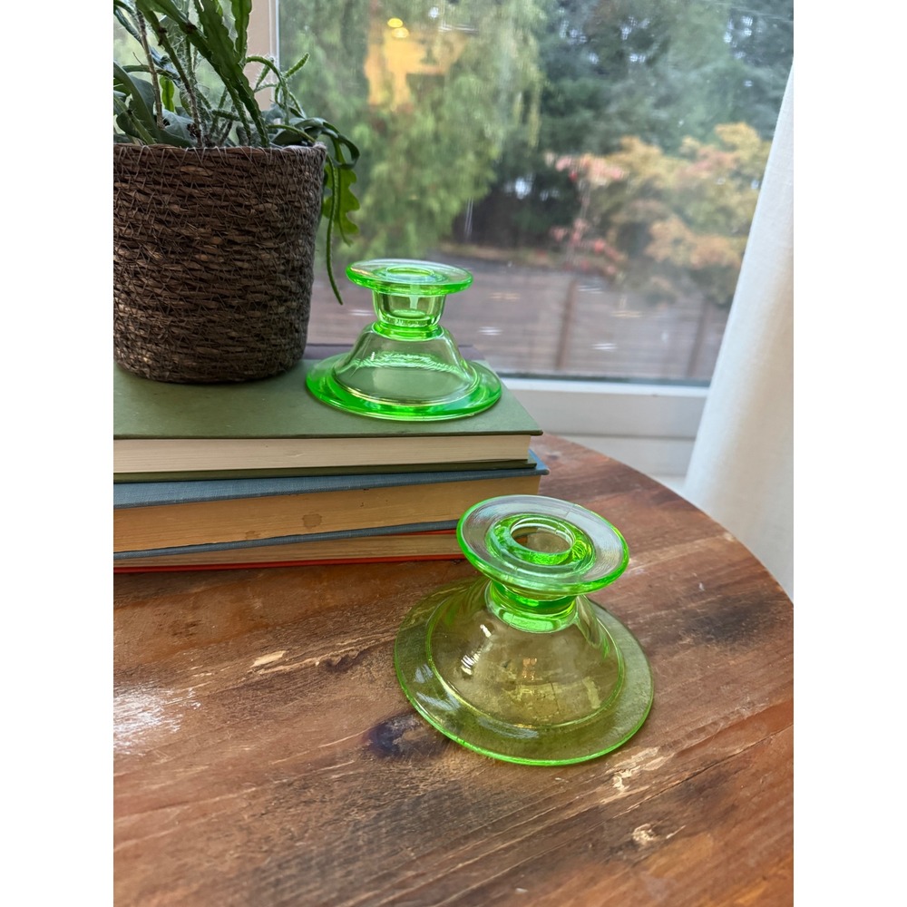 Vintage Green Uranium Glass Candlestick Holders Pair Depression Glass Vaseline